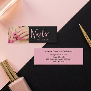 Minitarjeta De Visita Moderno Rosa Negro Negrita Script Foto Salón de Uñ