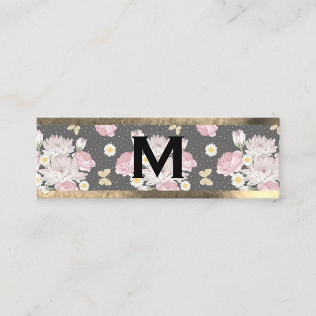 Minitarjeta De Visita Monograma Oro | Flores Rosas (Anverso)