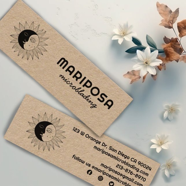 Minitarjeta De Visita Moon & Sun Elegant Esteticista Salón De Belleza Kr (Sweet moon and sun illustration on these custom kraft paper business cards. Social media icons too!)