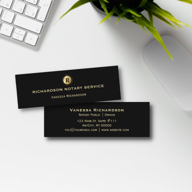 Minitarjeta De Visita Negra y Gold Monogram Sleek Notate Business (Subido por el creador)