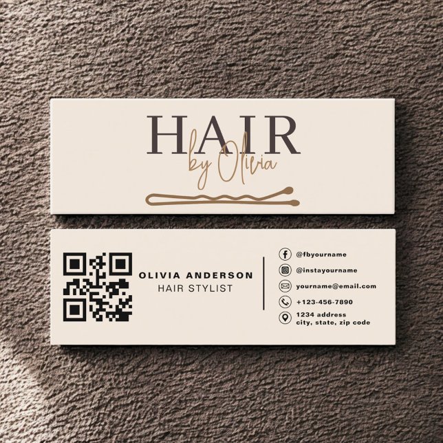 Minitarjeta De Visita Neutral Beige QR Code Hair Stylist Modern (Subido por el creador)