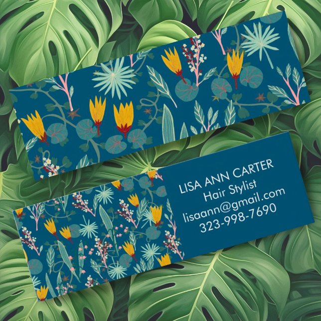 Minitarjeta De Visita Nocturno Jardín Floral Patrón Botánico oscuro Azul (Mini custom business cards with a sweet design of a floral garden in deep blue)