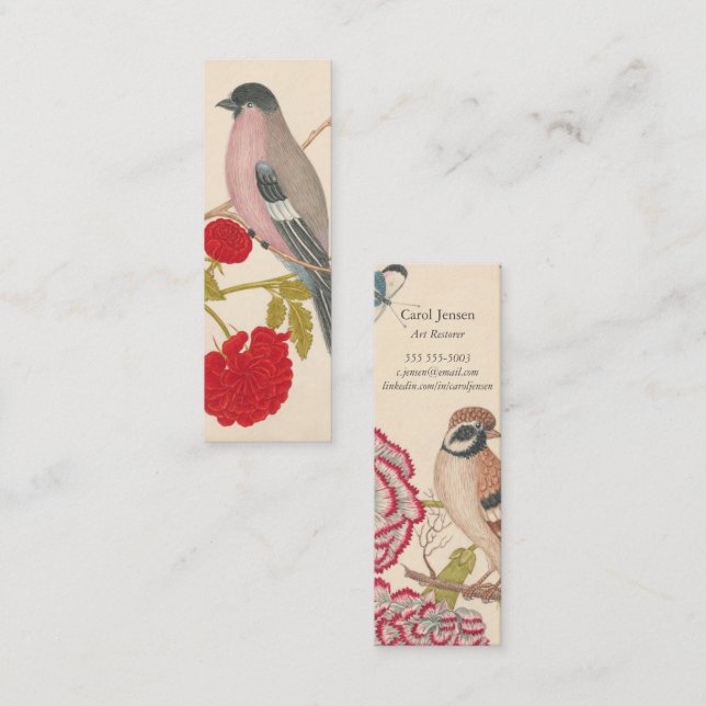 Minitarjeta De Visita Par de aves con rosas y mariposas (Anverso / Reverso)