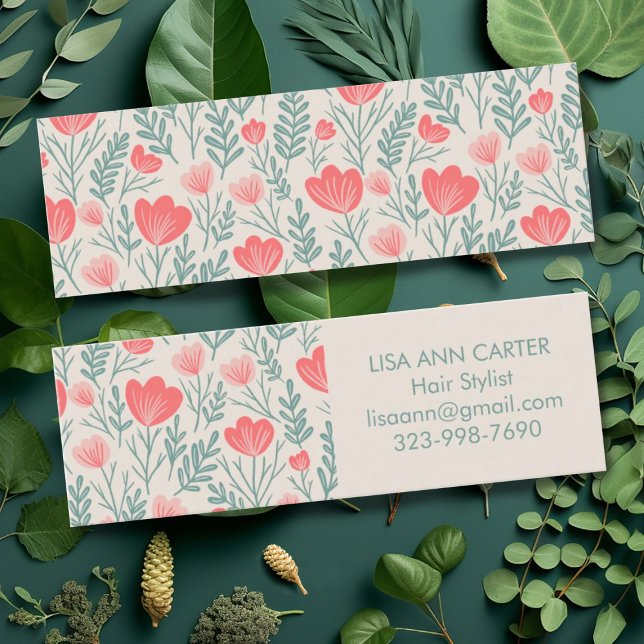 Minitarjeta De Visita Patrón botánico floral Rosa suave y verde (Mini floral custom business cards in green and pink)