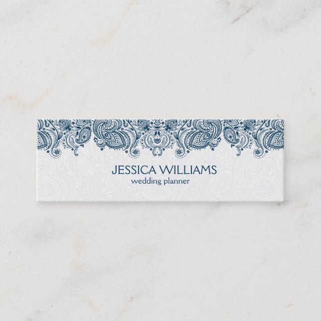 Minitarjeta De Visita Planner de casamiento de encaje azul y blanco (Anverso)
