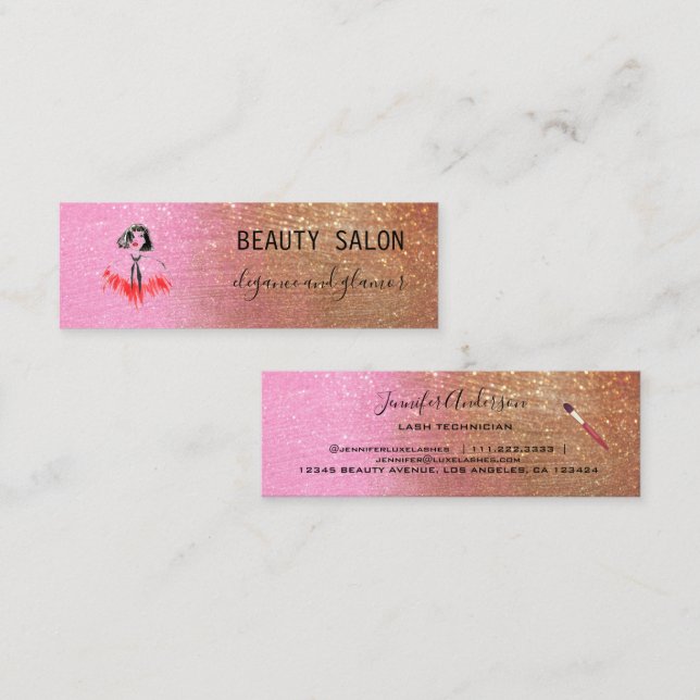 Minitarjeta De Visita Salón de belleza moderno Purpurina Oro Rosa (Anverso / Reverso)