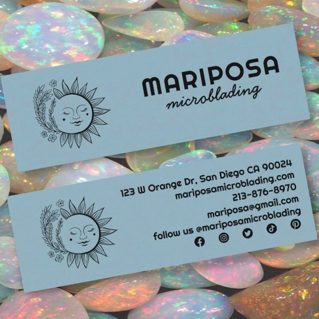 Minitarjeta De Visita Salón Estético Elegante Moon Iconos Sociales (Custom mini business cards with a sun and floral logo. Change the social icons, fonts, and colors)