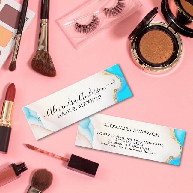 Minitarjeta De Visita Salón Holográfico de Lujo y Mármol de Oro (Luxury Aqua and Gold Marble Holographic Salon Mini Business Card)