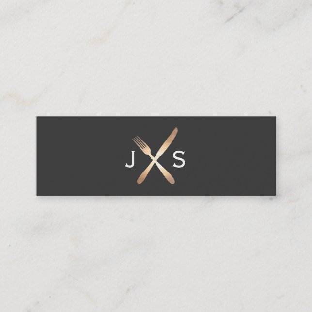 Minitarjeta De Visita Sencillo Monogramado Chef Personal Comedor Negro (Anverso)