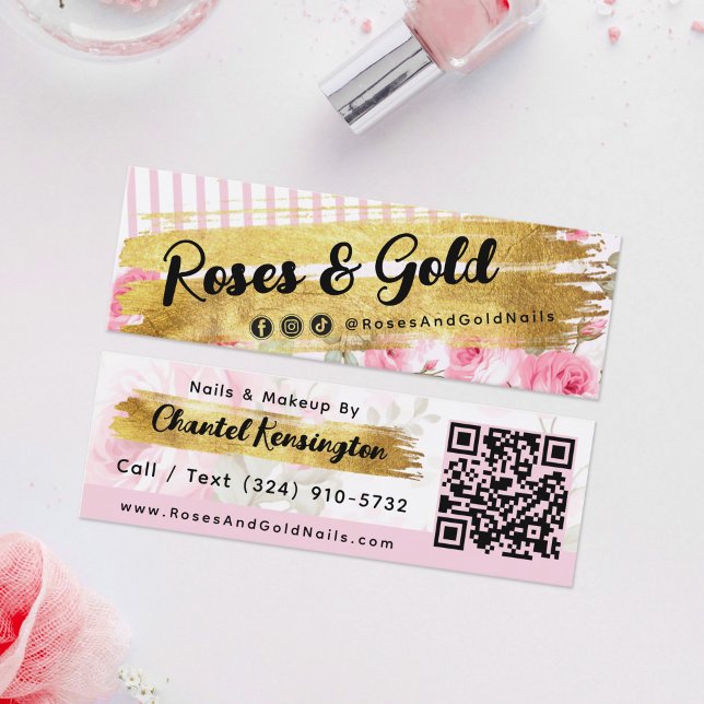 Minitarjeta De Visita Shabby Rubor Watercolor Rosas Gold Social QR Code (Subido por el creador)