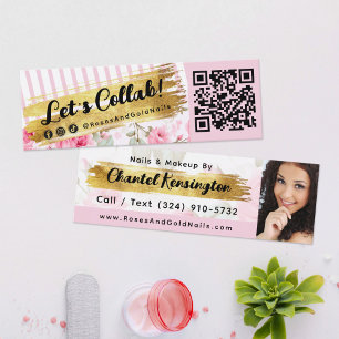 Minitarjeta De Visita Shabby Rubor Watercolor Rosas y Gold Influencer QR