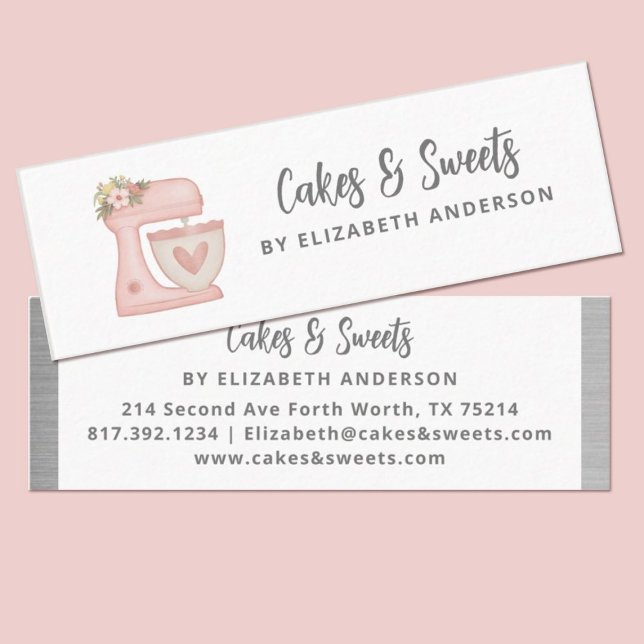 Minitarjeta De Visita Simple Pink Floral Cake Mixer Bakery (Cute pink kitchen stand mixer thin bakery business cards. Personalize them with your information)