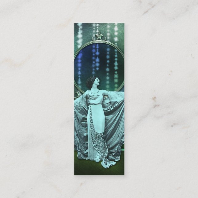 Minitarjeta De Visita Zohara: Mujer del art déco en aguamarina y verde (Anverso)