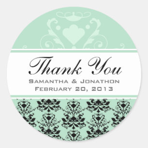 Mint & Black Damask con etiquetas de favor de la b
