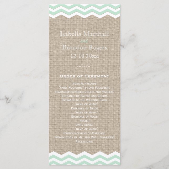 Mint Chevrons en el programa de Boda Burlap (Anverso)
