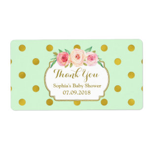 Mint Gold Dots Floral Baby Shower Etiquetas