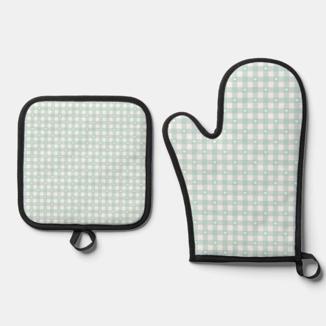 Mint Green Checks Oven Mitt & Pot Holder Set (Anverso)