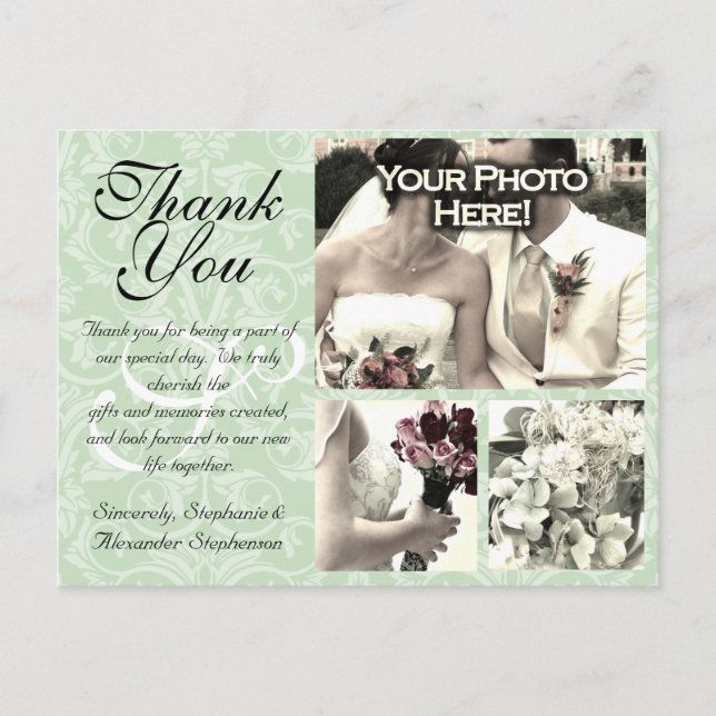 Mint Green Damask Wedding Gracias Tarjeta 3 Fotos (Anverso)