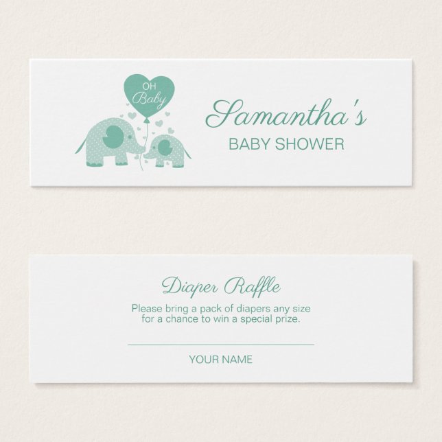 Mint Green Elephant Baby Shower Diaper Raffle (Anverso y reverso)