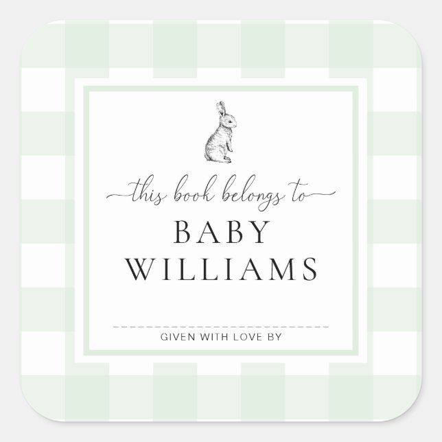 Mint Green Gingham Bunny Bookplate Pegatina (Anverso)