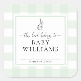 Mint Green Gingham Bunny Bookplate Pegatina