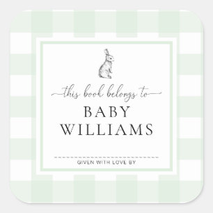 Mint Green Gingham Bunny Bookplate Pegatina