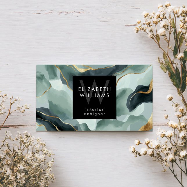 Mint Green Gold Abstract Monogram Business Cards (Subido por el creador)