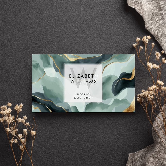 Mint Green Gold Abstract Monogram Business Cards (Subido por el creador)