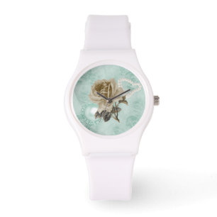Mint Green Ivory Rosas reloj de silicona blanca de