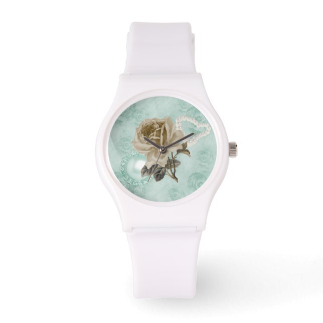 Mint Green Ivory Rosas reloj de silicona blanca de (Anverso)