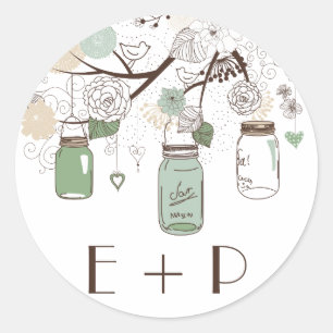 Mint Green Mason Jars Boda Monograma Pegatina