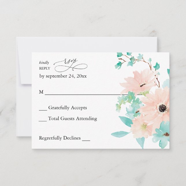 Mint Green & Pink Floral sin carne RSVP (Anverso)