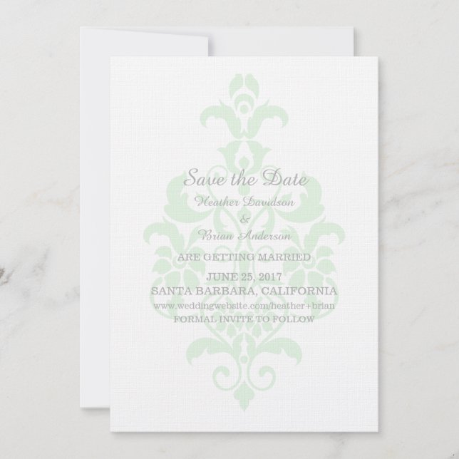 Mint Green Subtle Damask Guardar la invitación de  (Anverso)
