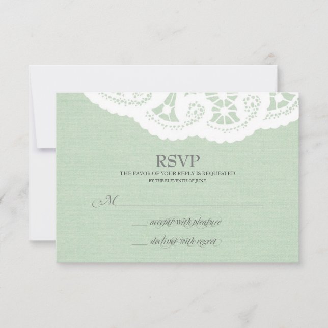 Mint Lace Doily Wedding RSVP (Anverso)