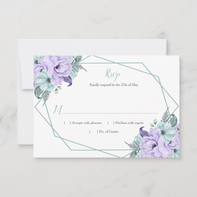 Mint Lavender Watercolor Peonies Geométrico RSVP (Anverso)