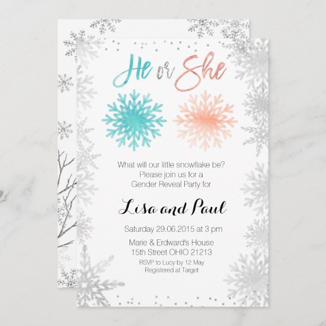Mint Snowflakes Invierno género revelar invitación (Anverso / Reverso)