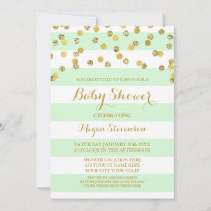 Mint Stripes Gold Confetti Baby Shower Invitación