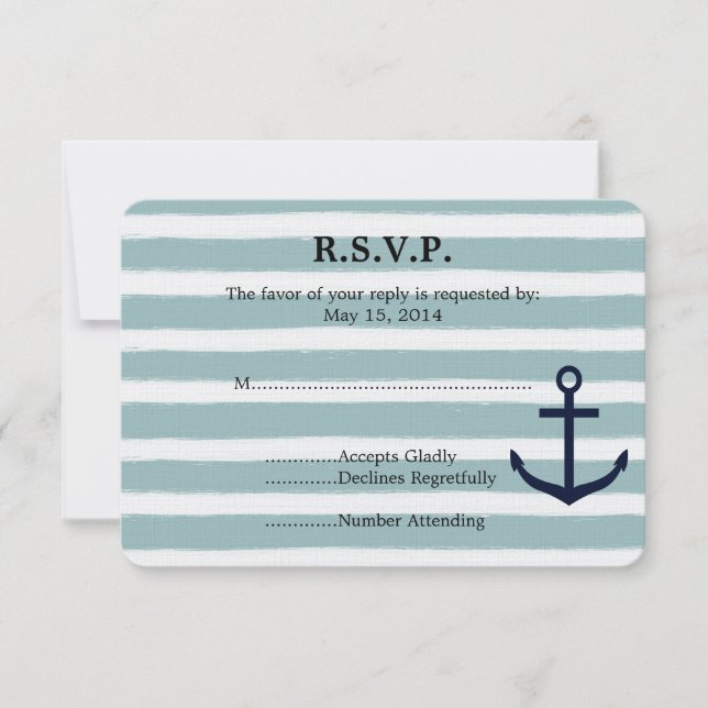 Mint Stripes Nautical Anchor Beach Wedding RSVP (Anverso)