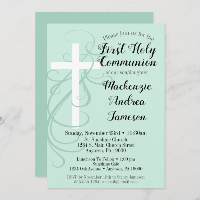 Mint Swirl Cross First Holy Communition Invitación (Anverso / Reverso)