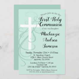 Mint Swirl Cross First Holy Communition Invitación