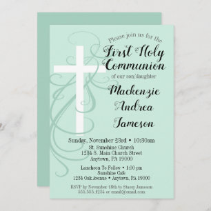 Mint Swirl Cross First Holy Communition Invitación