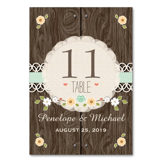 MINT TARJETAS DE NÚMERO DE TABLA BODA FLORAL RÚSTI (Anverso)