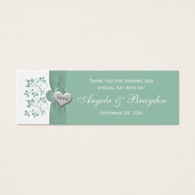 Mint, White Floral Hearts Wedding Favor Etiqueta (Frente)