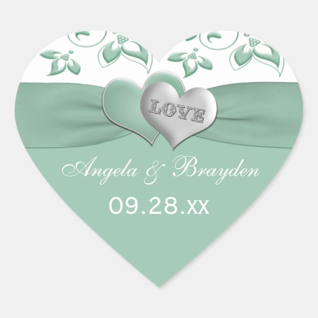 Mint, White Floral Hearts Wedding Favor Pegatina (Anverso)
