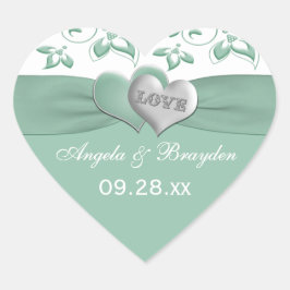 Mint, White Floral Hearts Wedding Favor Pegatina