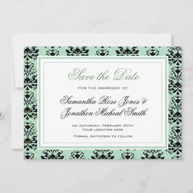 Mint y Damask negro con invitación a la boda blanc (Anverso)
