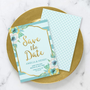 Mint y Faux Gold Floral Guardar la tarjeta de fech