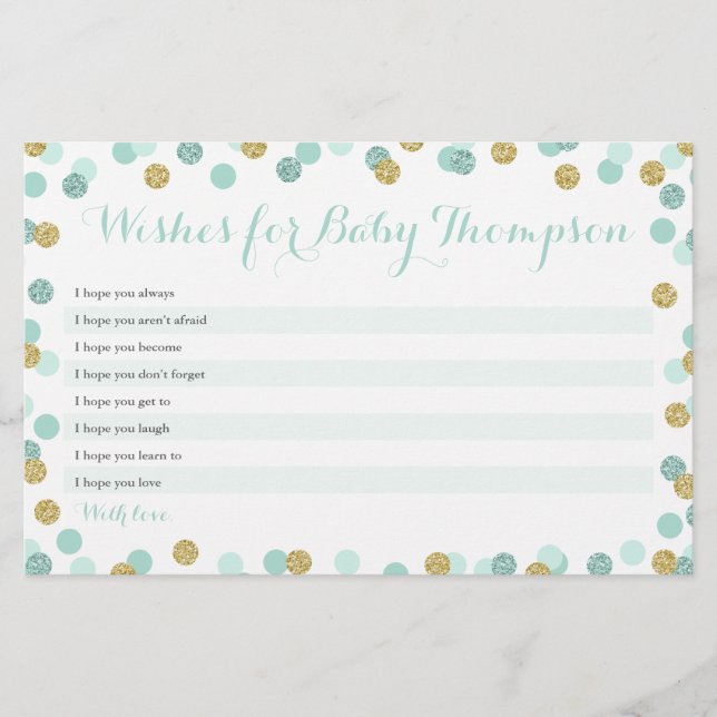 Mint y Gold Baby Shower quiere tarjetas para bebés (Anverso)