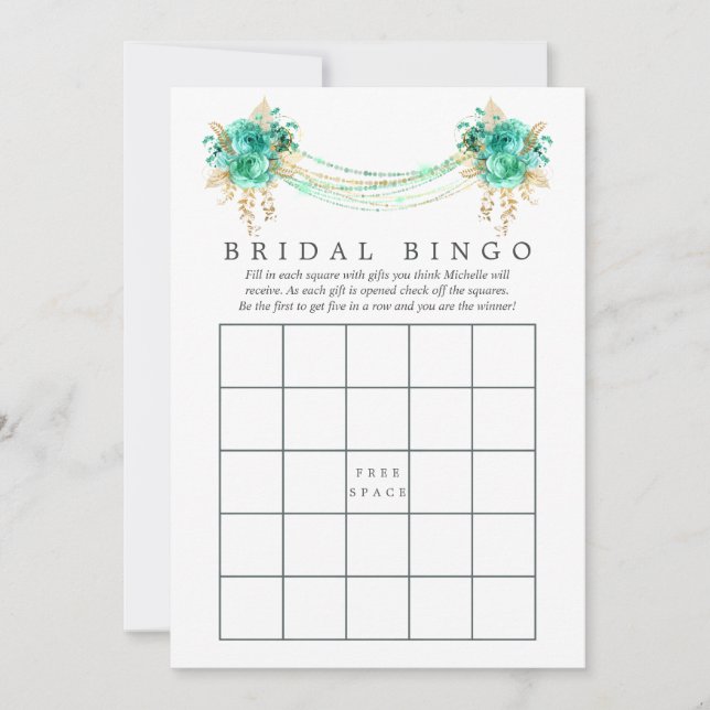 Mint y Gold Floral String Lights Bridal Bingo (Anverso)