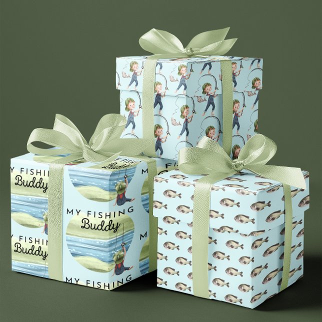 Mis hojas de papel de envolver de Buey de pesca (Celebrate a special child's birthday with this cute, "My fishing buddy" wrapping paper set! )